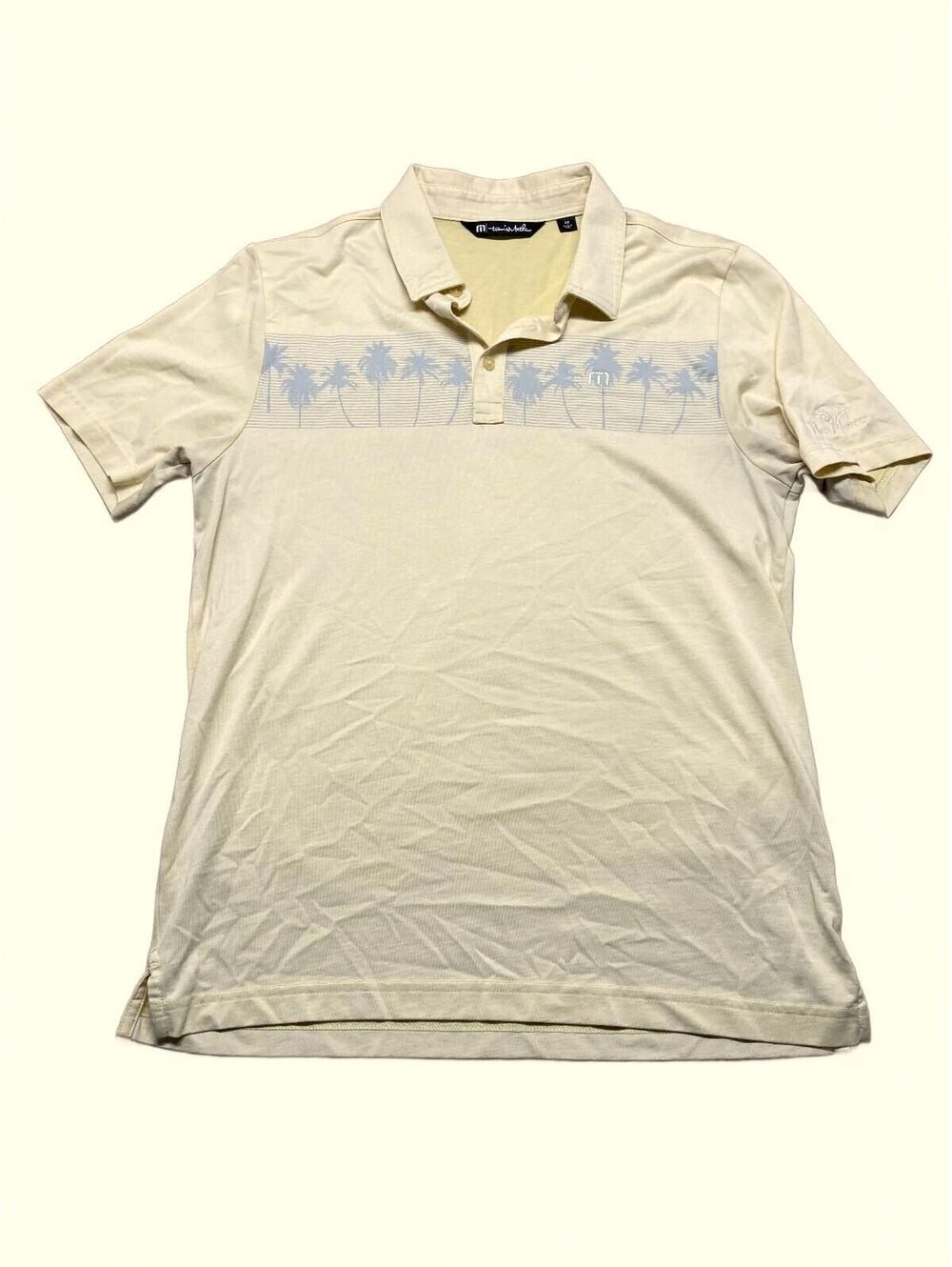TravisMathew Men's Polo Shirt Pale Yellow with Palm Tree Design Size M